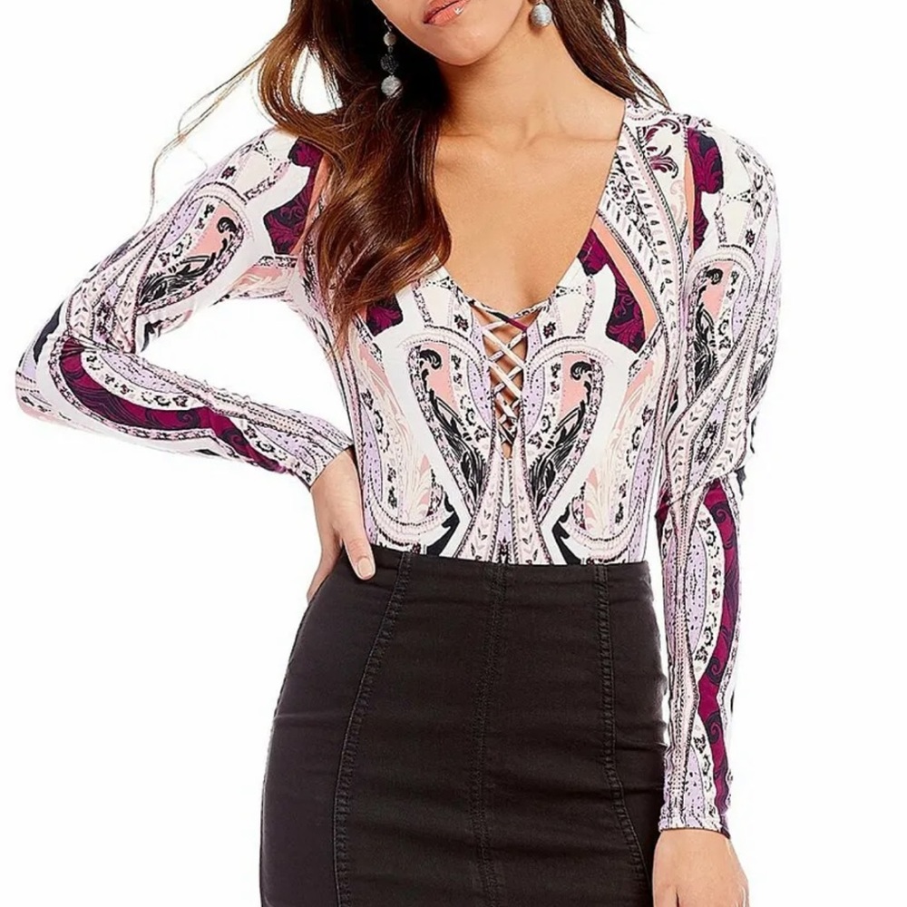 Free People Paisley Long Sleeve Bodysuit Size M Festival Boho NWT